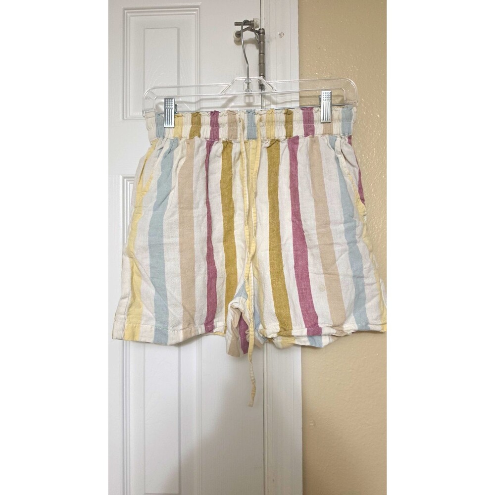 BeachLunchLounge Women’s Multicolor Striped Linen Cotton Drawstring Shorts S